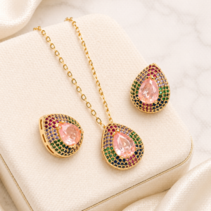CONJUNTO DE COLAR E BRINCOS ROSA