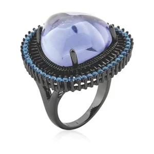 Anel Com Zircônias Azuis E Cabochão Folheado A Ródio Negro