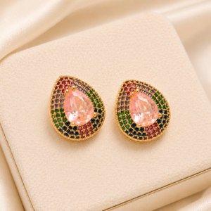 BRINCOS ROSA COM MINIZIRCONIAS COLORIDAS